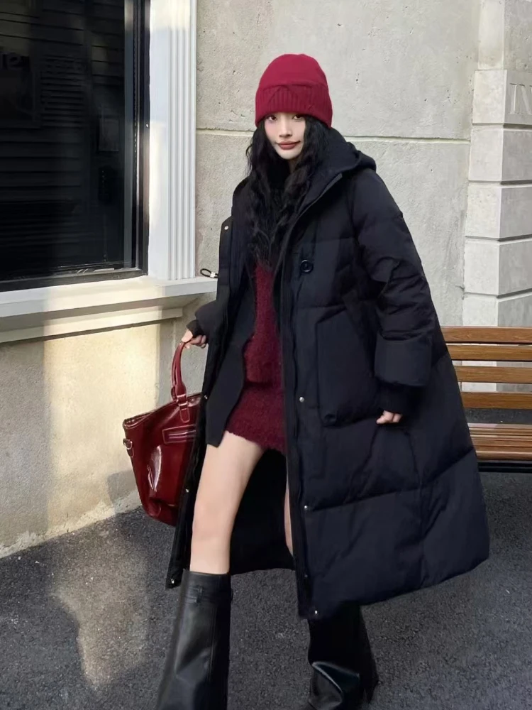 Chaqueta de plumón de longitud media para mujer, chaqueta acolchada con capucha gruesa y cálida de plumón de pato blanco nuevo para invierno, abrigos largos gruesos hasta la rodilla