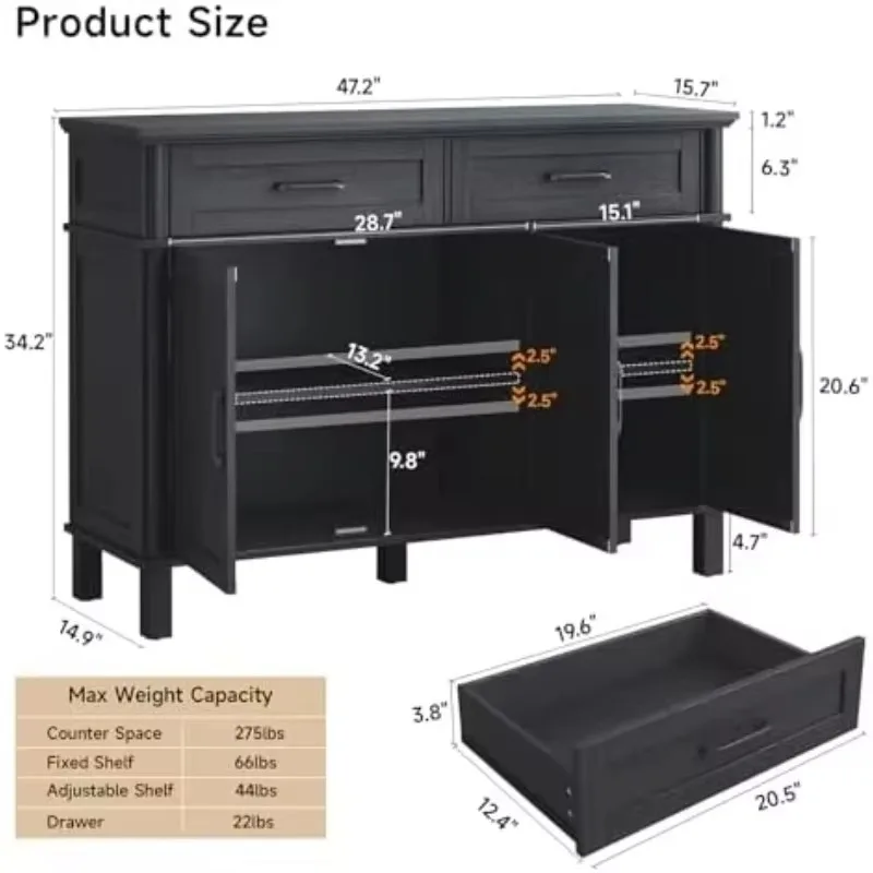 48 Inches Buffet Cabinet with Storage, Farmhouse Sideboard Buffet w/2 Drawers and 3 Doors, Wood Coffee Bar Cabinet with