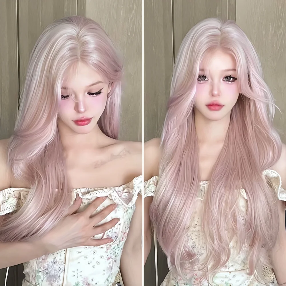 Rosa Perücke für Frauen, lange gewellte Cosplay-Perücken, natürliche, weiche, süße synthetische Perücke für den täglichen Gebrauch, Schulleben, Lolita-Perücke, Rosa – Detail 4