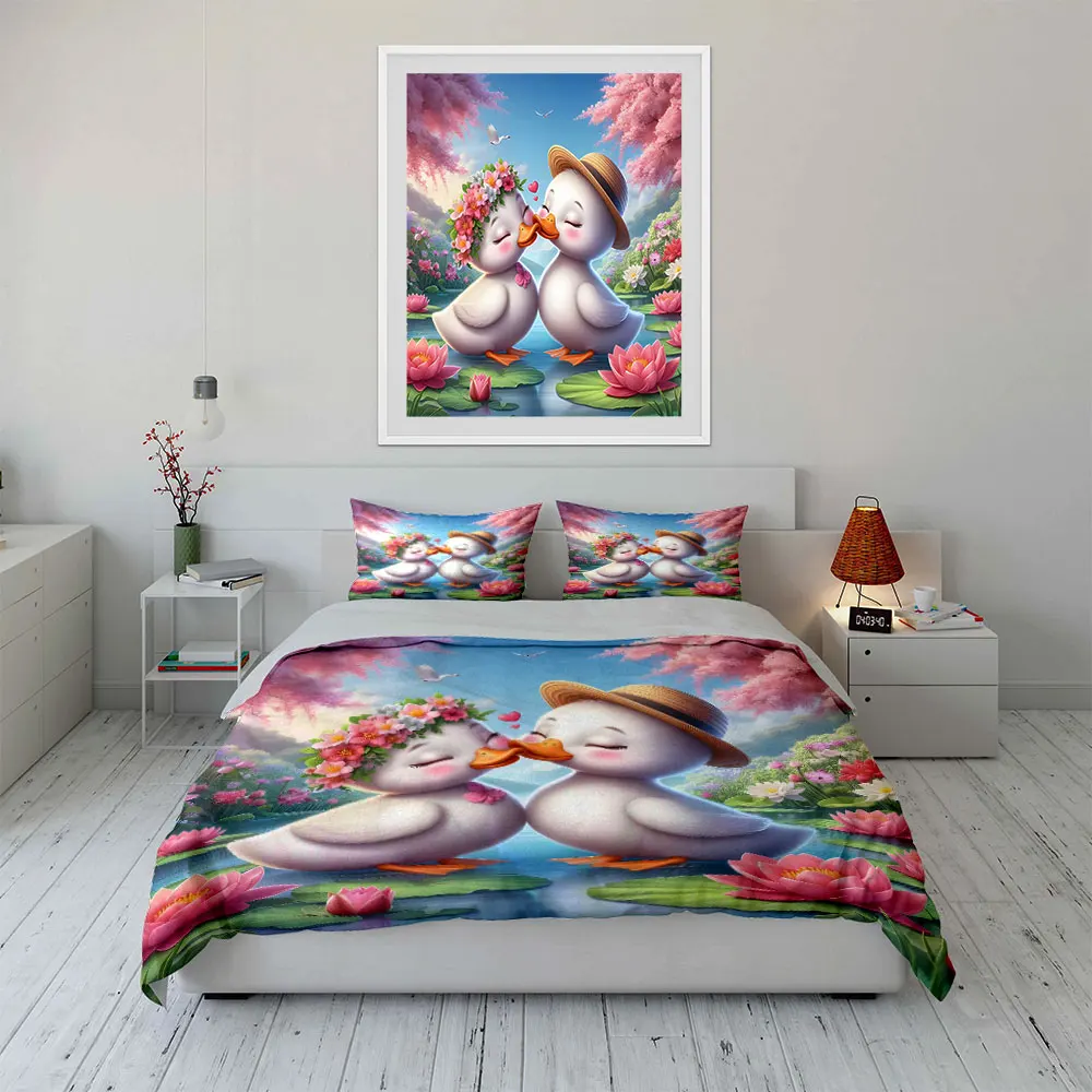 Two romantic ducks cuddling on a lake Print Soft Comfortable Duvet Cover Bedding Set Included 1*Duvet Cover  2*Pillowcases