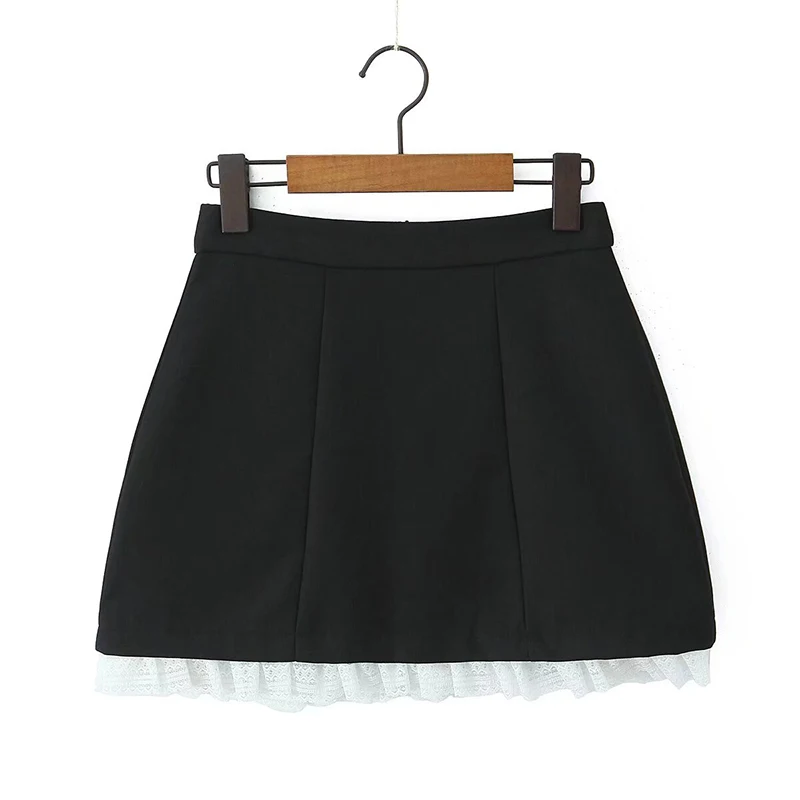 YENKYE Sweet Women Lace Spliced High Waist Bud Skirt Black Gray Elegant Summer Mini Skirts