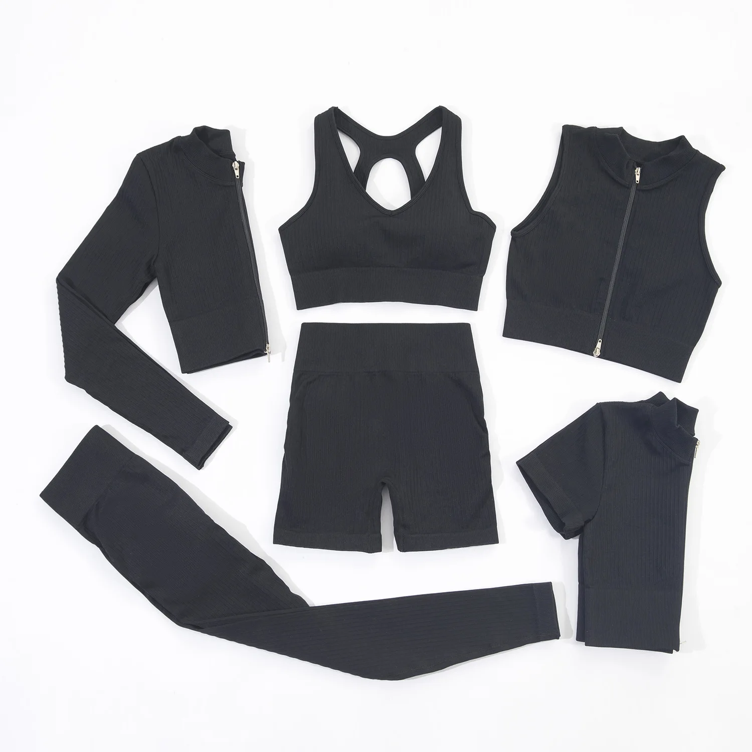 

Seamless Yoga Set Ribbed Sports Bra Zipper Crop Top Sportswear High Waisted Long Sleevs Workout Fitness Suit Gym Outfits Clothes