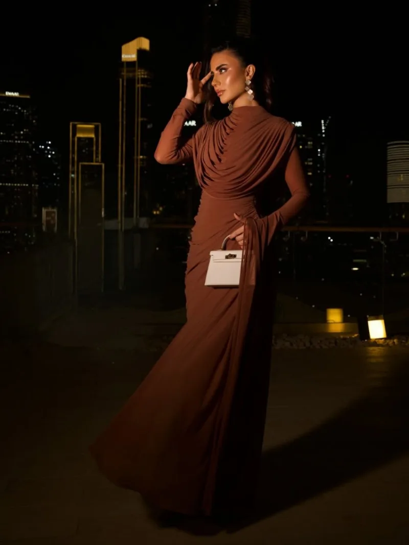 Solid Draped Neckline Long Dress Women Elegant Full Sleeve Cinched-waist Pleated Bodycon Robe 2026 Lady Chic Evening Dinner Gown