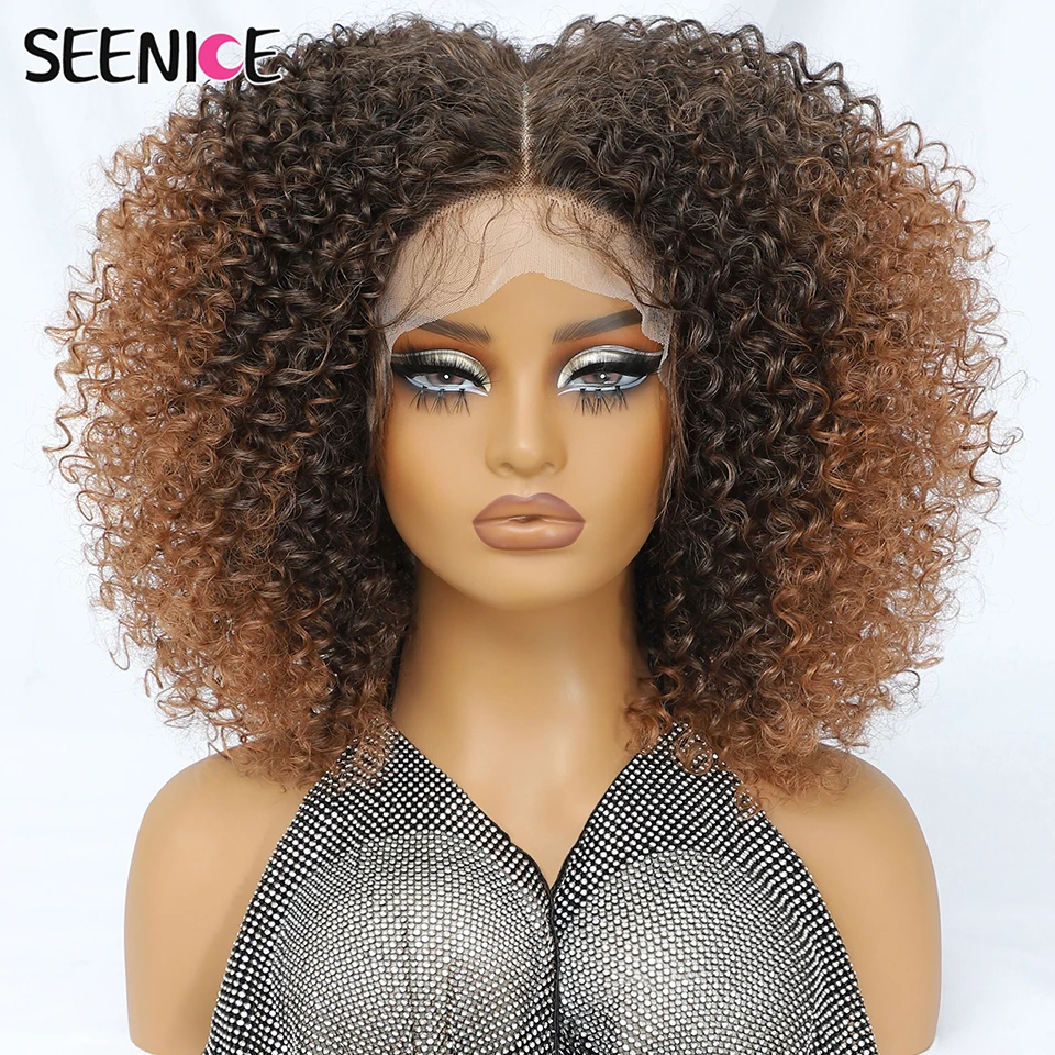 

Preplucked 14inch Soft T-Part Lace Front Wigs Ombre Black Brown Kinky Curly Synthetic For African Women With Baby Hair Daily Use