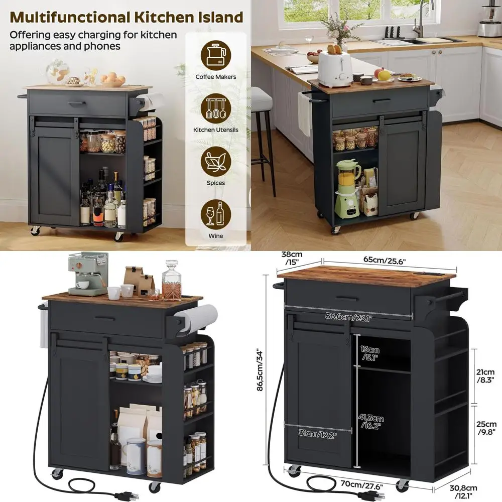 

Mobile Kitchen Island with Storage & Charging, Sliding Door Cabinet, Black & Rustic Brown