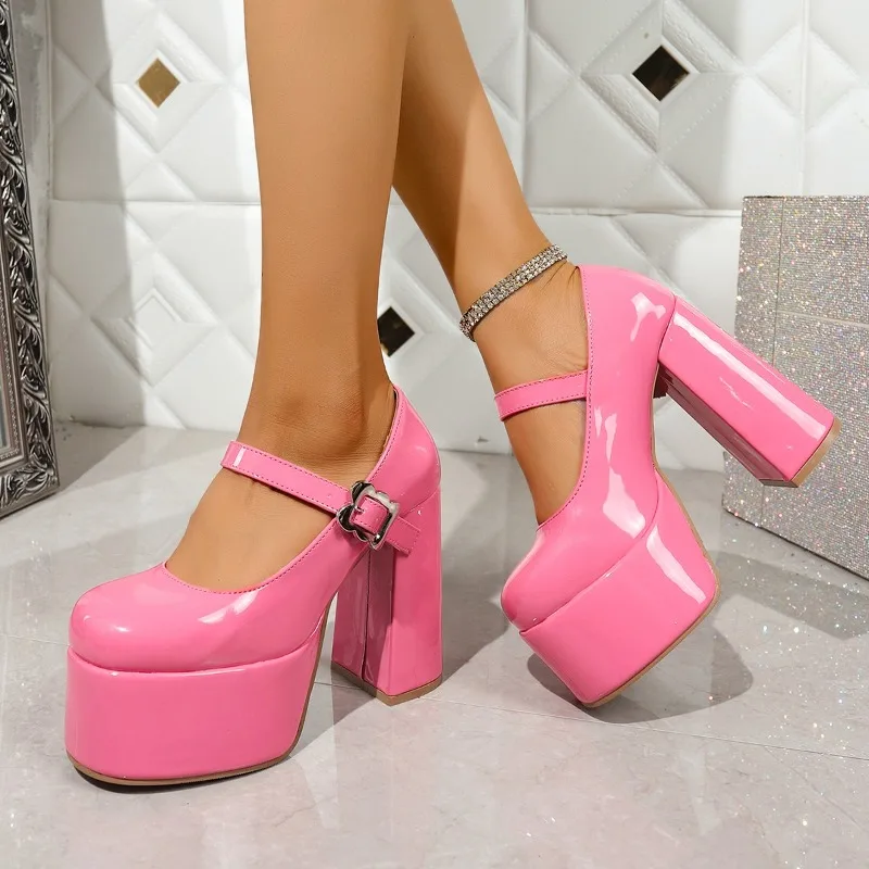 

Round Toe Shallow Mouth One Strap Platform Bow Non-slip Block Heel Shoes Autumn New Super High Heel Single Shoes