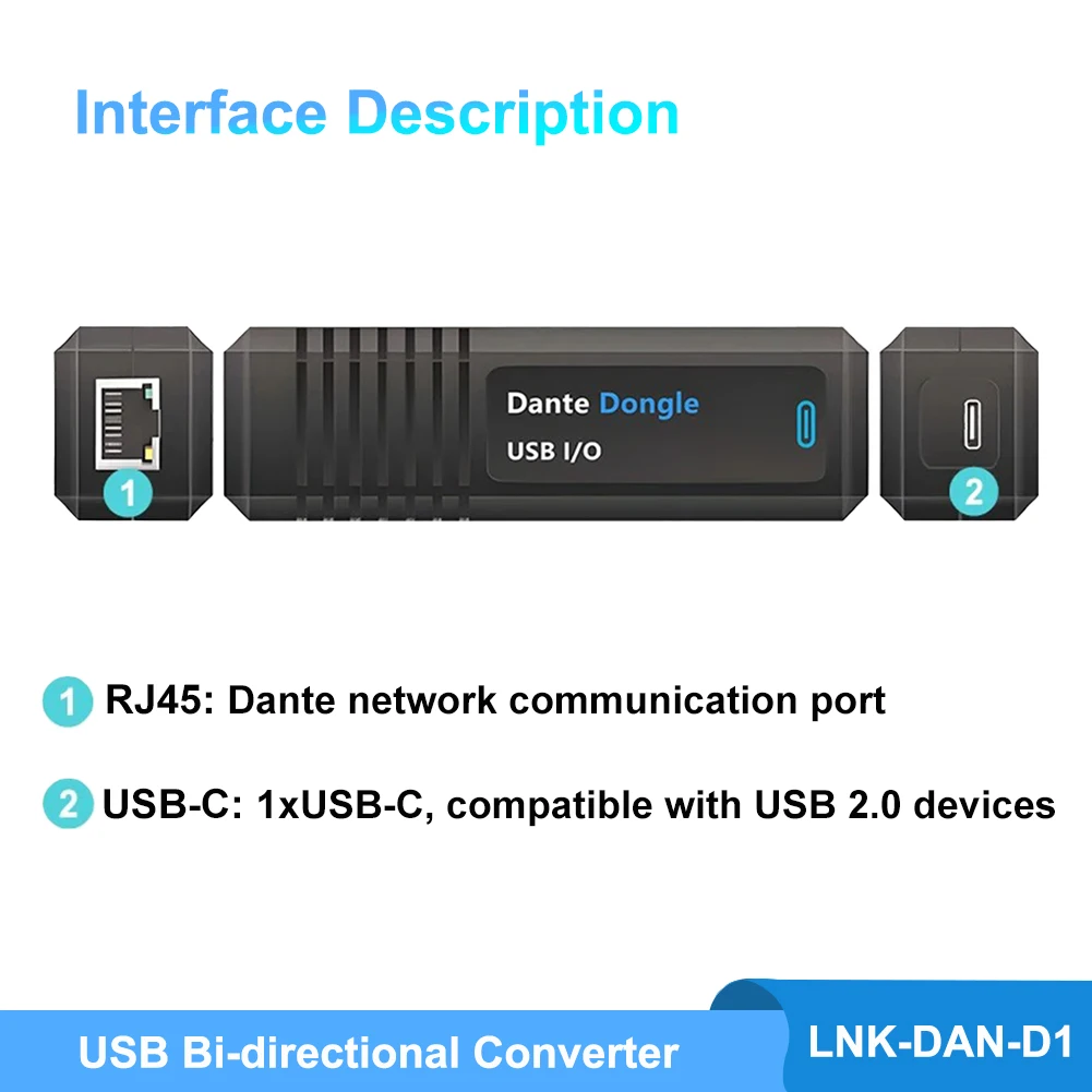 Dante Dongle Converter, Digital Audio USB Bi-directional Converter, Bluetooth 5.0 Dongle, 2Ch Analog Output/Input Converter