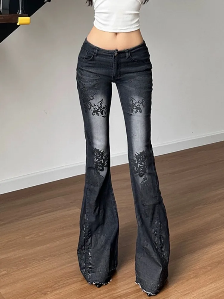 HOUZHOU Y2K Vintage Flared Jeans Women Streetwear 2000s Floral Print Distressed Low Waist Slim Denim Pants Korean Retro Trousers