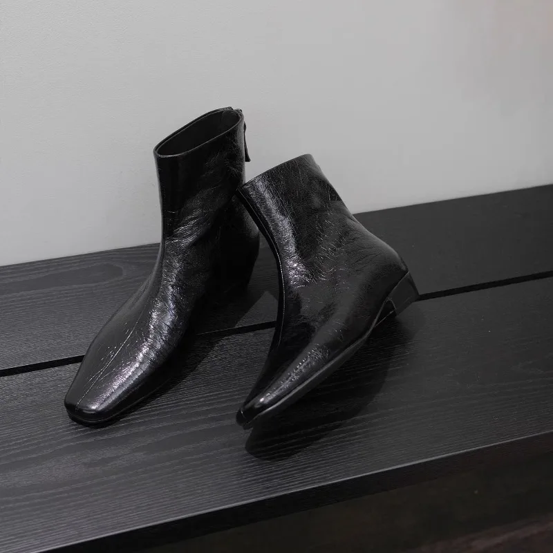 New Genuine Leather Square Toe French Ankle Boots Women's Shoes High Top Fashion Casual Chelsea Boots Female
