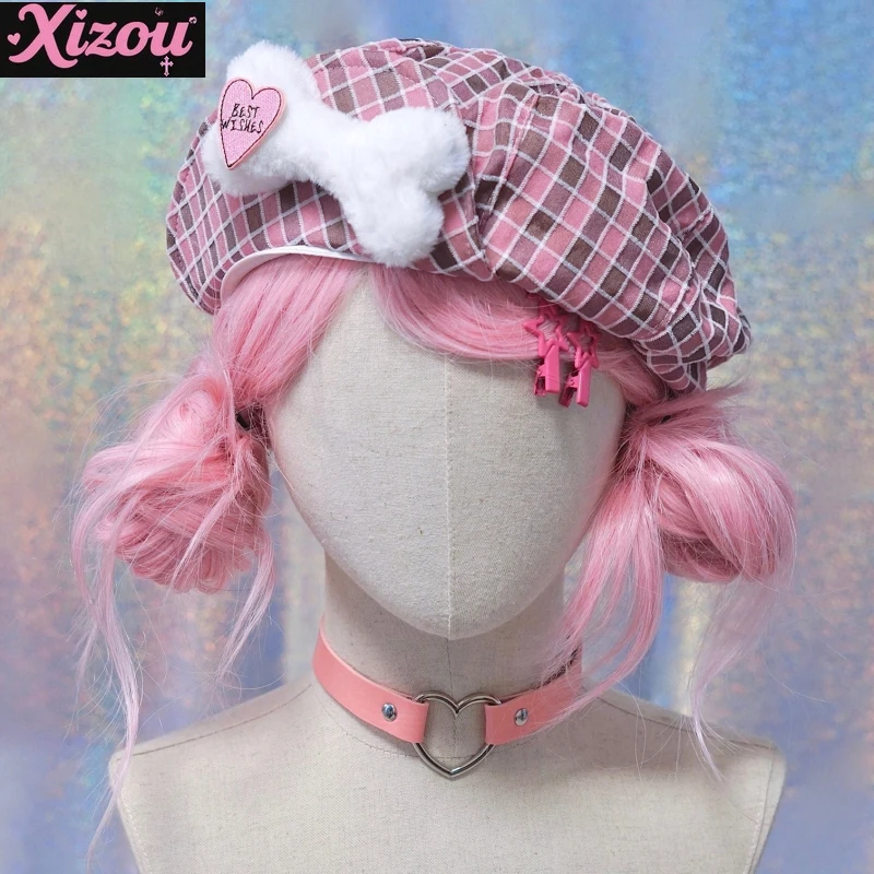 

Japanese Sweet Cute Black Pink Lolita Plaid Beret Soft Sister Subculture Y2k Spring and Autumn Warm Forward Hat Detective Hats