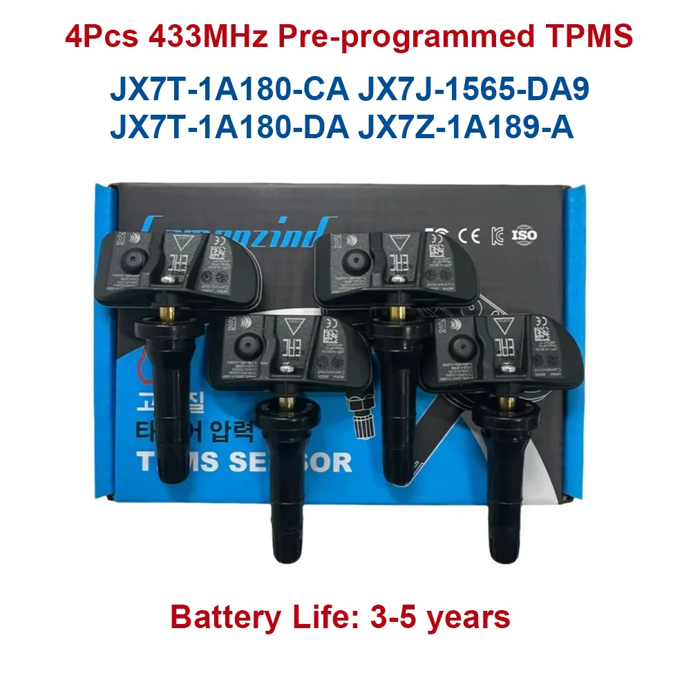 Système de surveillance de la pression des pneus, capteur TPMS 433MHz, 4 pièces, JX7T-1A180-CA JX7T1A180DA JX7Z-1A189A 2197279 2401839 JX7T1A180CA, compatible avec Ford Explorer Focus Kuga Puma S-Max Transit 2020 2021 2022 2023