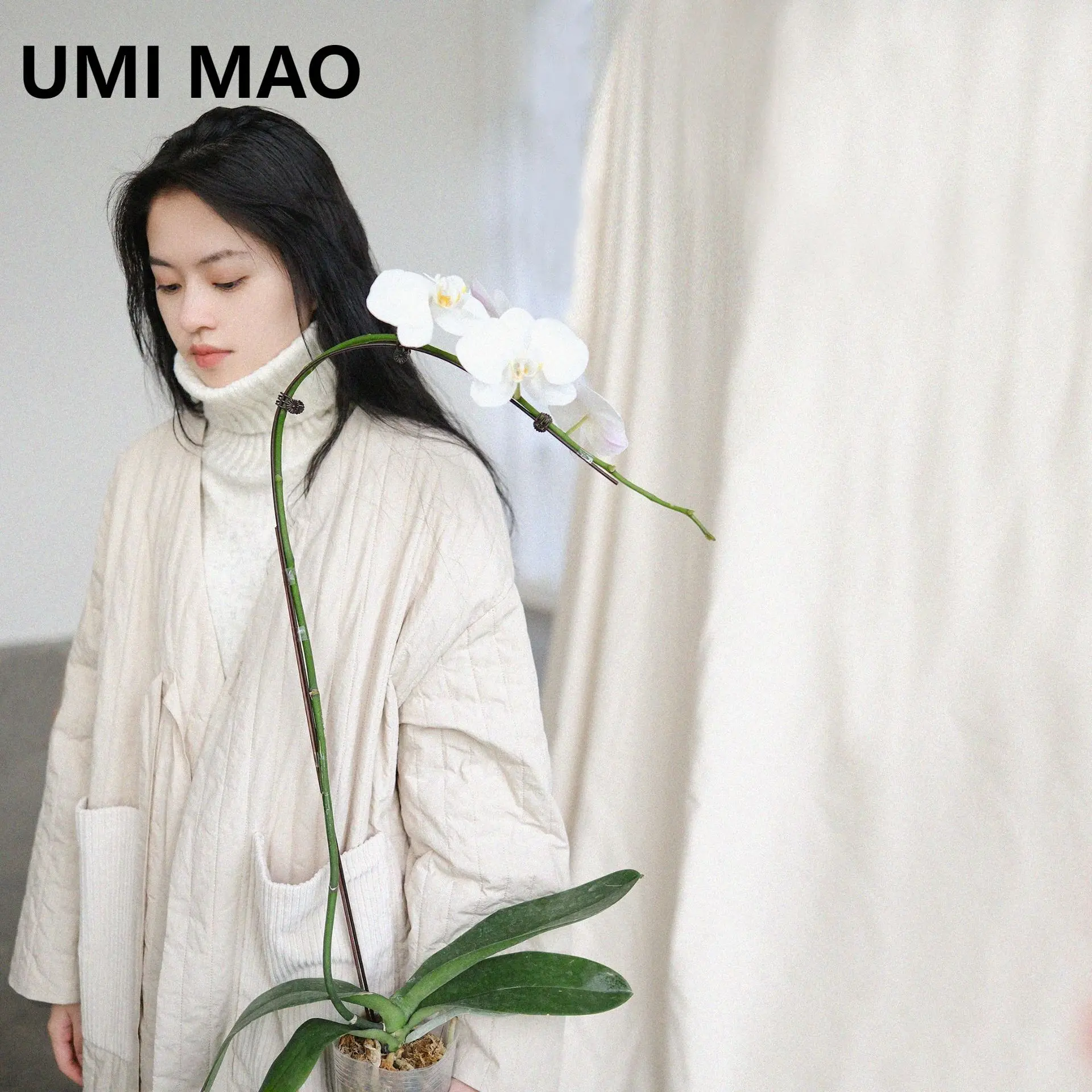 UMI MAO Artistic Paper Sense Slanted Collar With Cotton Quilted Thread Jacket Simple Silhouette Medium Length Cotton Jacket