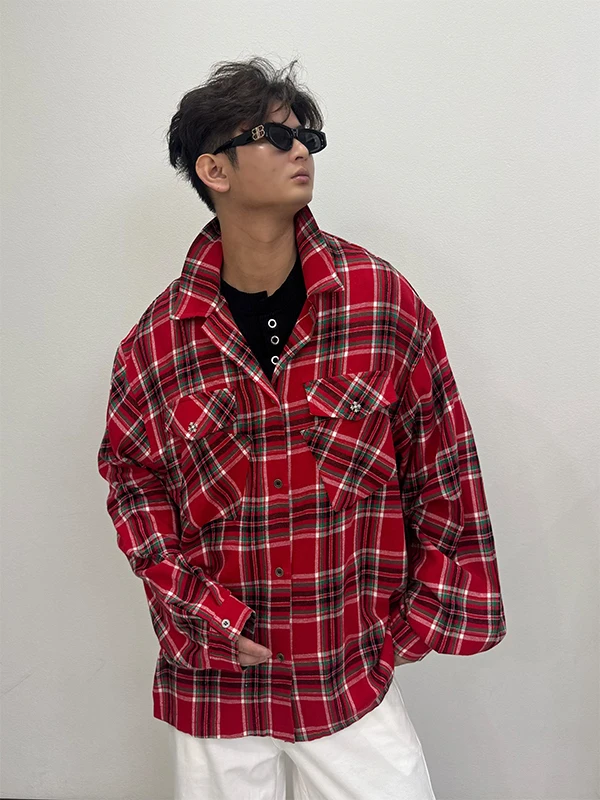 

Красная клетчатая рубашка с вышивкой, свободного кроя, мужская, повседневная, в стиле VIBEF, винтажная американская мода, TANGZ STUDIO