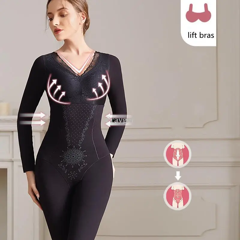 PRAYGER Thermal Fleece Shapewear Women Warm Winter Underwear Sexy Open Butt Corset Long Sleeves Lingerie