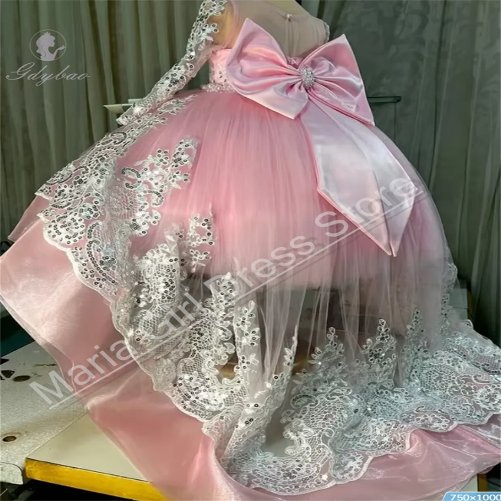 Girl Princess Dress Pink Sequins Fluffy Bow Trailing First Communion Birthday Party Wedding Junior Bridesmaids Evening Dress