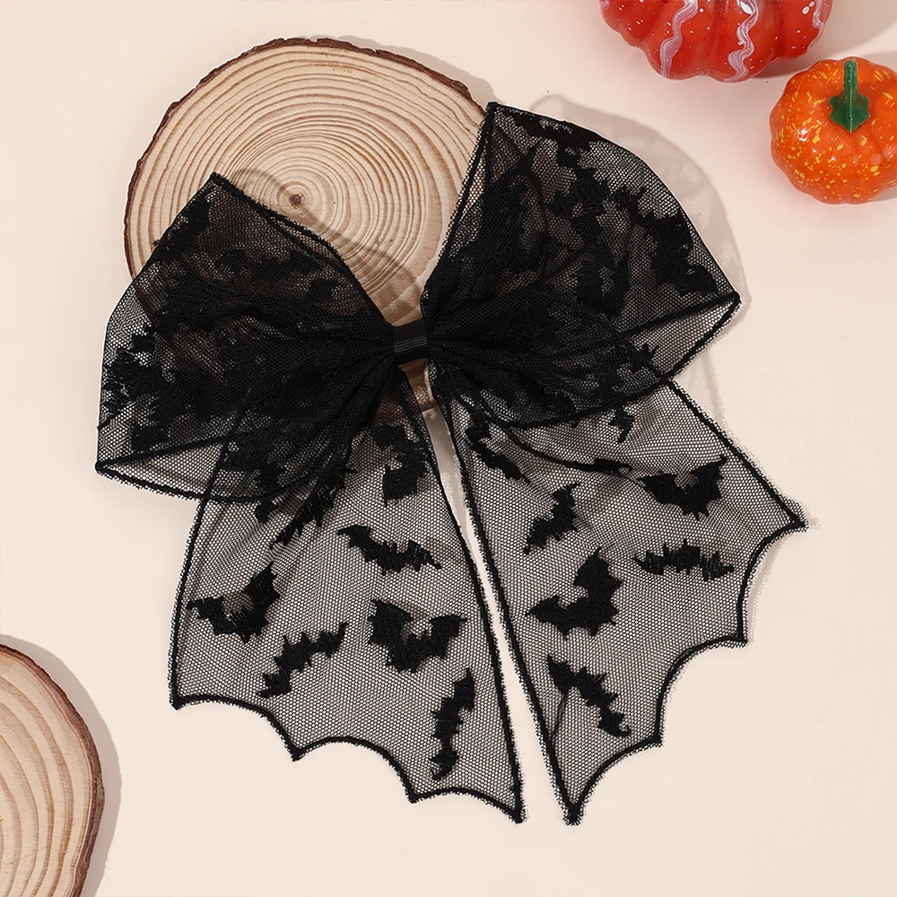 Halloween Bat Bow Hair Clips Bat Embroidery Lace Tulle Veil Gothic Hairpins Spooky Cosplay Hair Accessories For Women Girls view 3