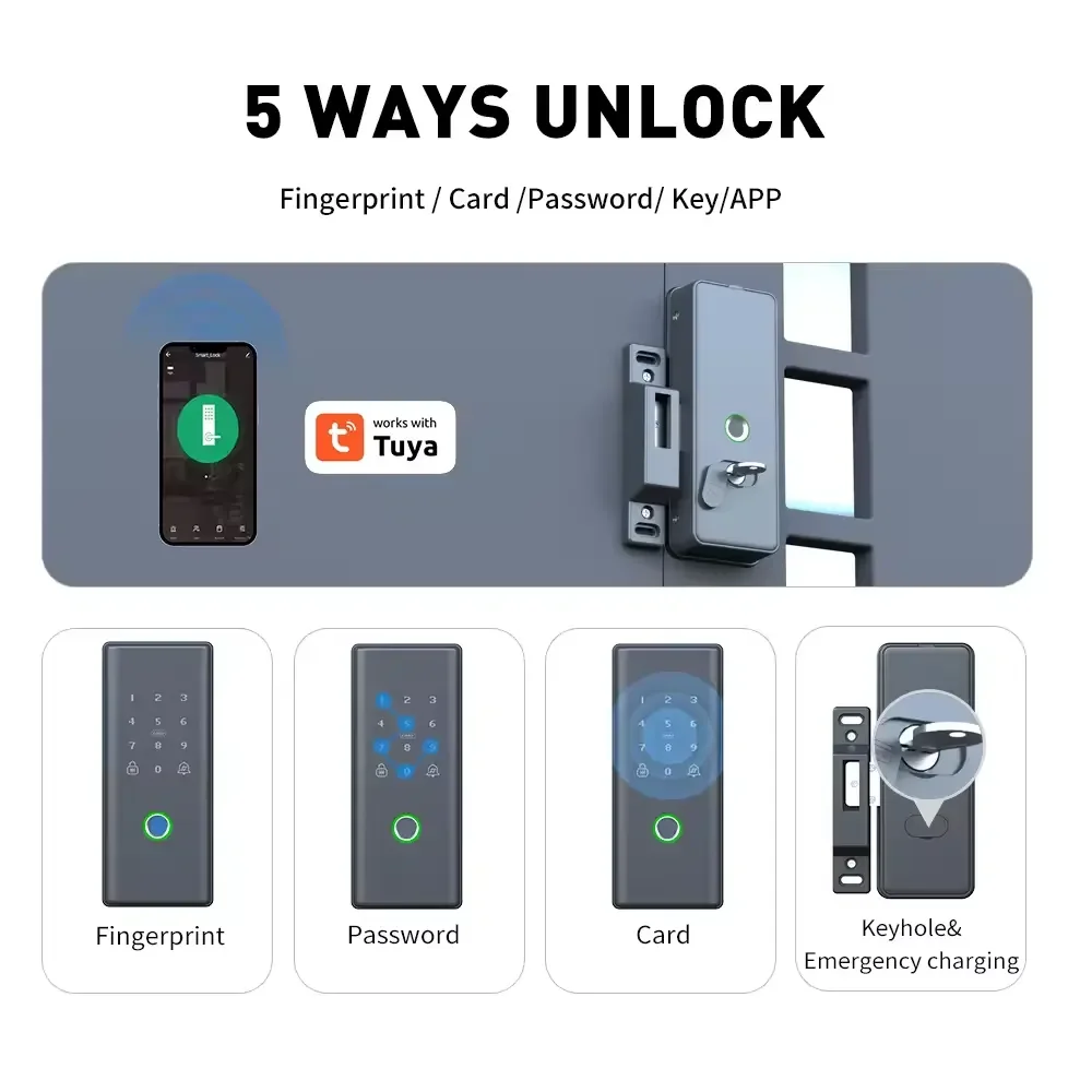 Double side Rim door lock fingerprint Code Card deadbolt Tuya Remote control Sync exist Lock Smart Door Lock For Singapore