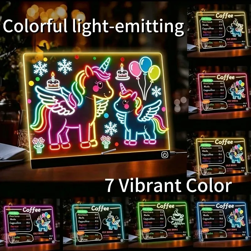 

LED Light-emitting Painting Board Acrylic Erasable Handwriting Board Equipped with 7 Colors of Lights and 7 Pens for Office Use