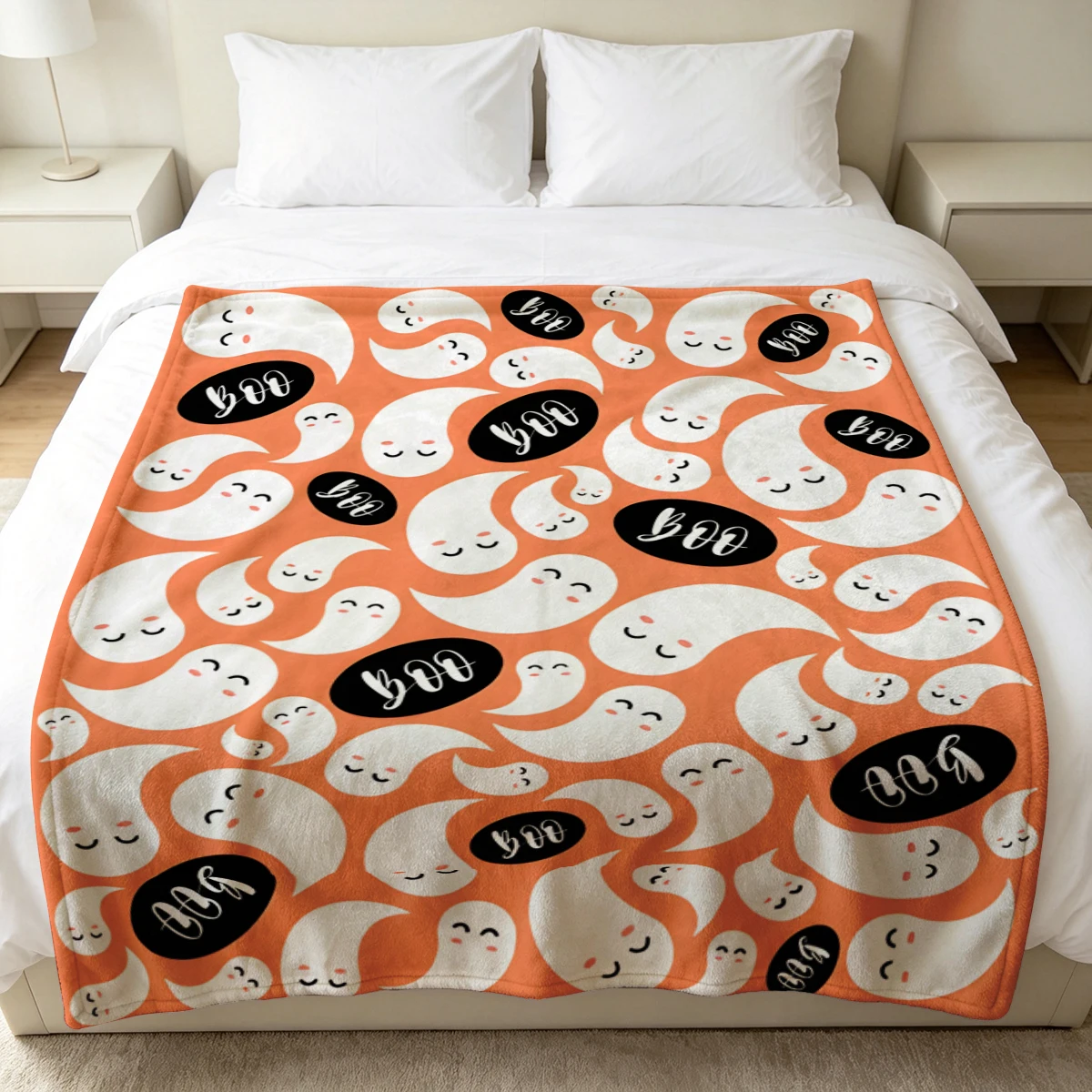 Peach Ghosts Boo Text Winter Summer Flannel Blanket Throw Fleece Soft Fuzzy Plush Cozy Fleece Blankets for Sofa Ideal Gifts