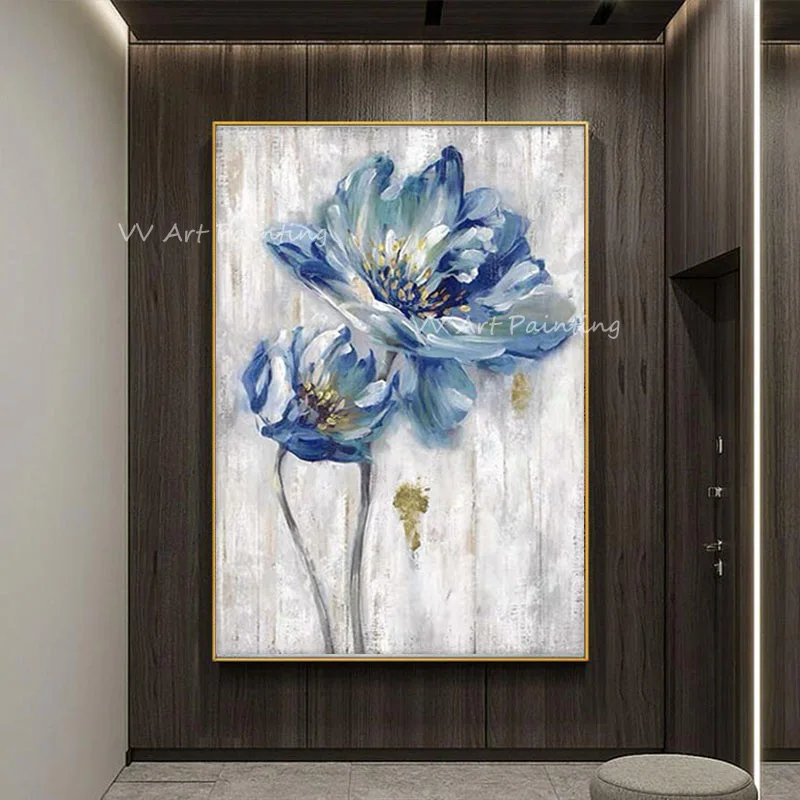 Hand-Painted Impasto Blue Floral Oil Painting, Palette Knife Flower Canvas Art, Vintage Vertical Textured Wall Decor