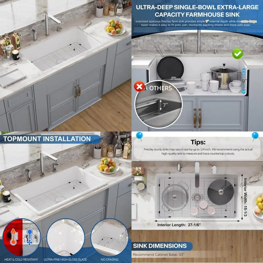 

30 Inch White Undermount and Topmount Kitchen Sinks, Hugsleek 30x18 Inch White Porcelain Ceramic Fireclay Sinks