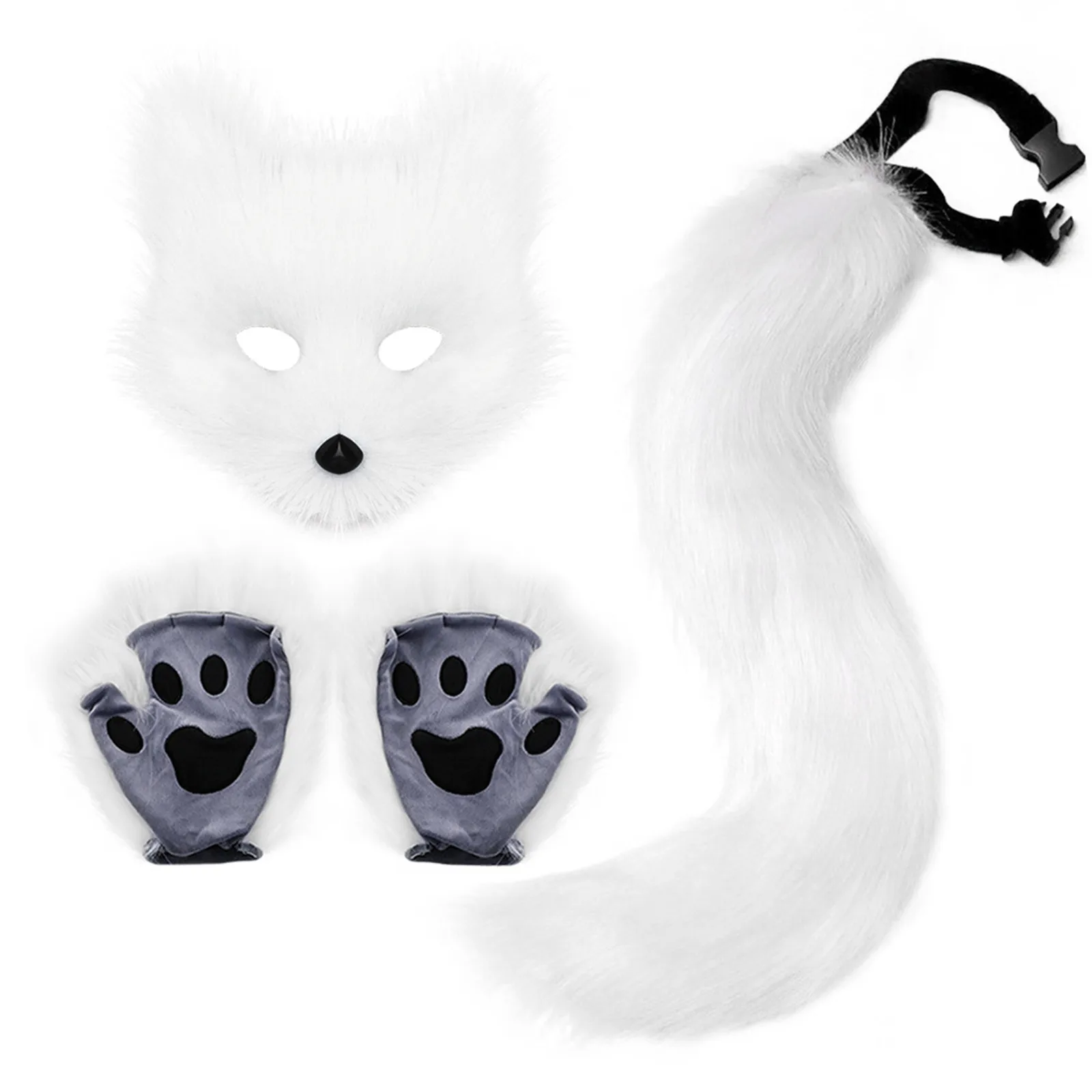 Fluffy Fur Fox Tail Keychain Cat Paws Gloves And Wolf Therian Mask Set For Halloween Cosplay Costume Accessories Mask Sets