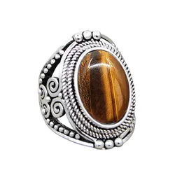 Oval Natural Tiger Eye Stone Rings For Women Vintage Flower Design Antique Silver Plated Fashion Jewelry