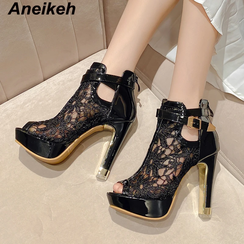 Aneikeh 2024 Summer New Lace up Ankle Boots Women\'s Open Toe Zipper Button High Heels Party Chelsea Boots Black  White 35-42