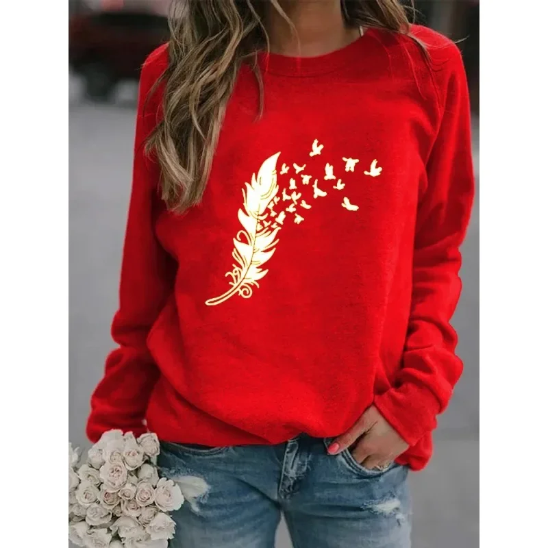 Hot Sales of Autumn and Winter Europe and The United States Feather Print Long-sleeved Pullover Round Neck Hoodie Sweatshirts