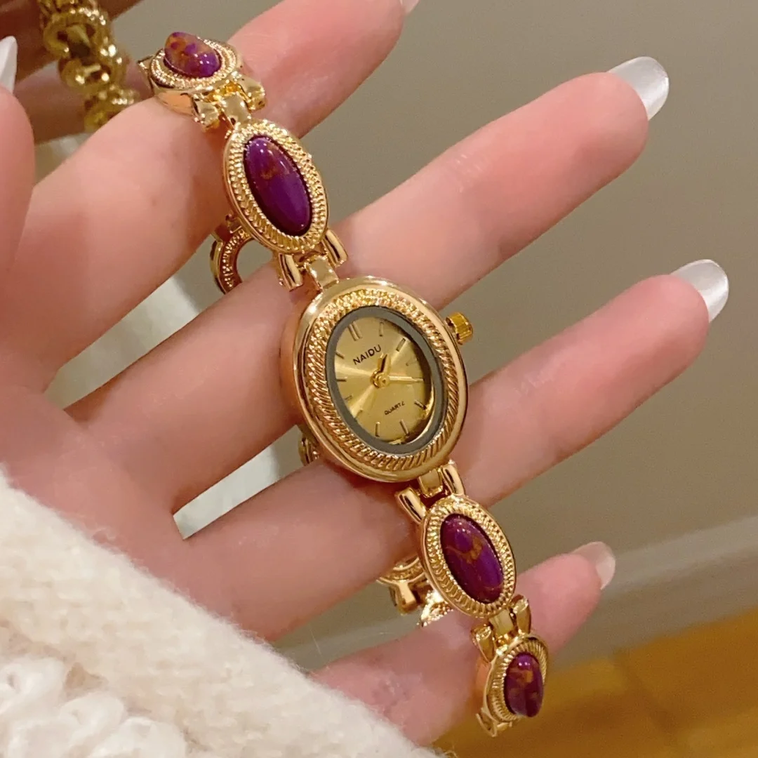 الراقية السيدات ووتش ضوء الفاخرة النمط الوطني البيضاوي حجر سوار ساعة اليد للنساء ساعات كوارتز الذهب relogio feminino