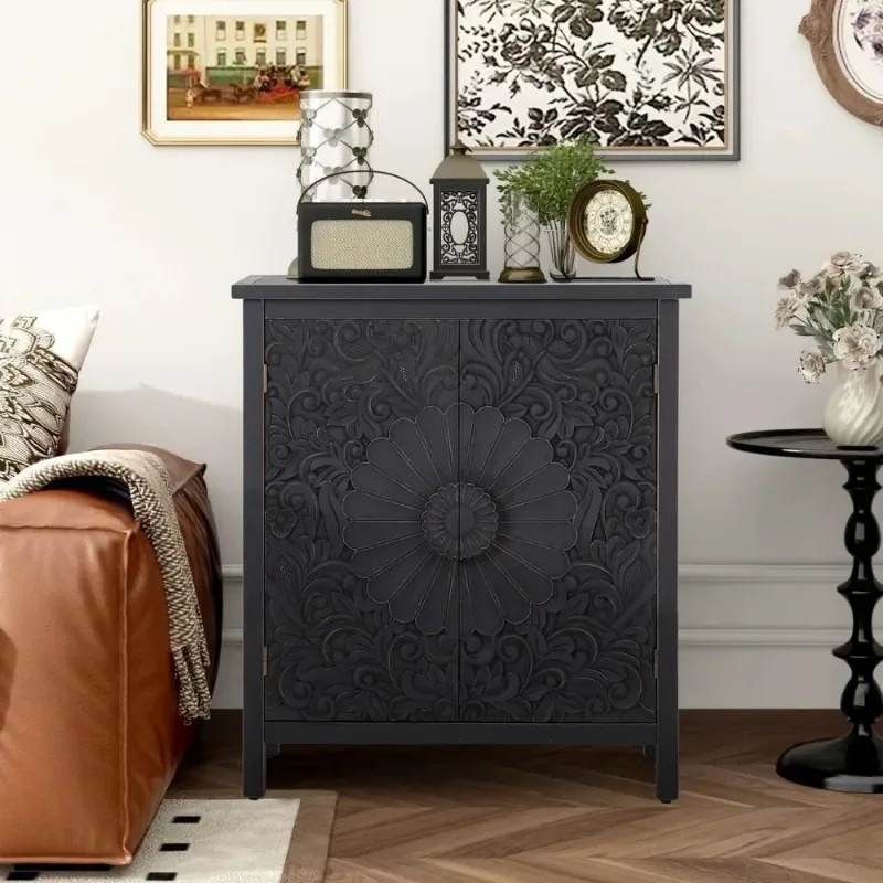 

Accent Storage Cabinet with 2 Doors, Black Distressed Wood Vintage Decorative Cabinet with Carved Floral Pattern