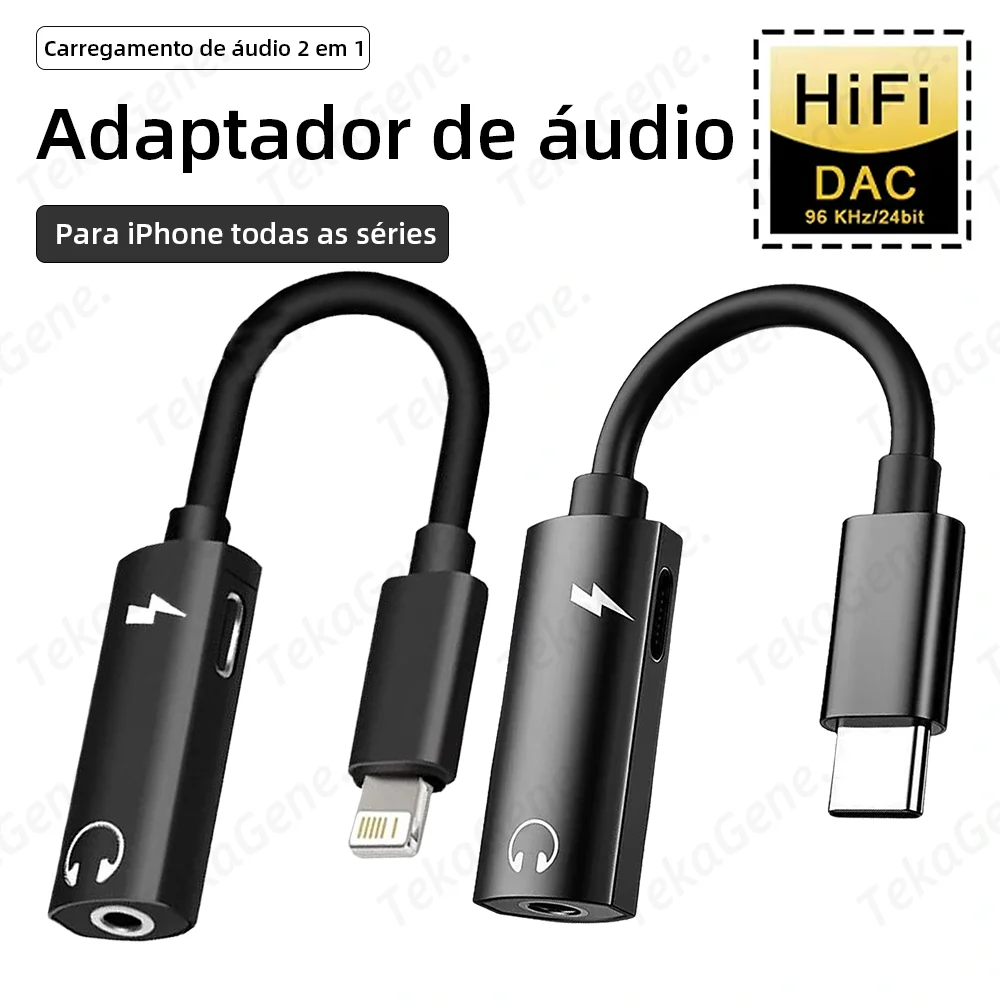 Adaptador de áudio 2 em 1 USB tipo C para 3,5 mm para iPhone 16 15 14 13 12 11 X XS XR SE 7 8 Pro Plus iPad Carregador Splitter para Samsung