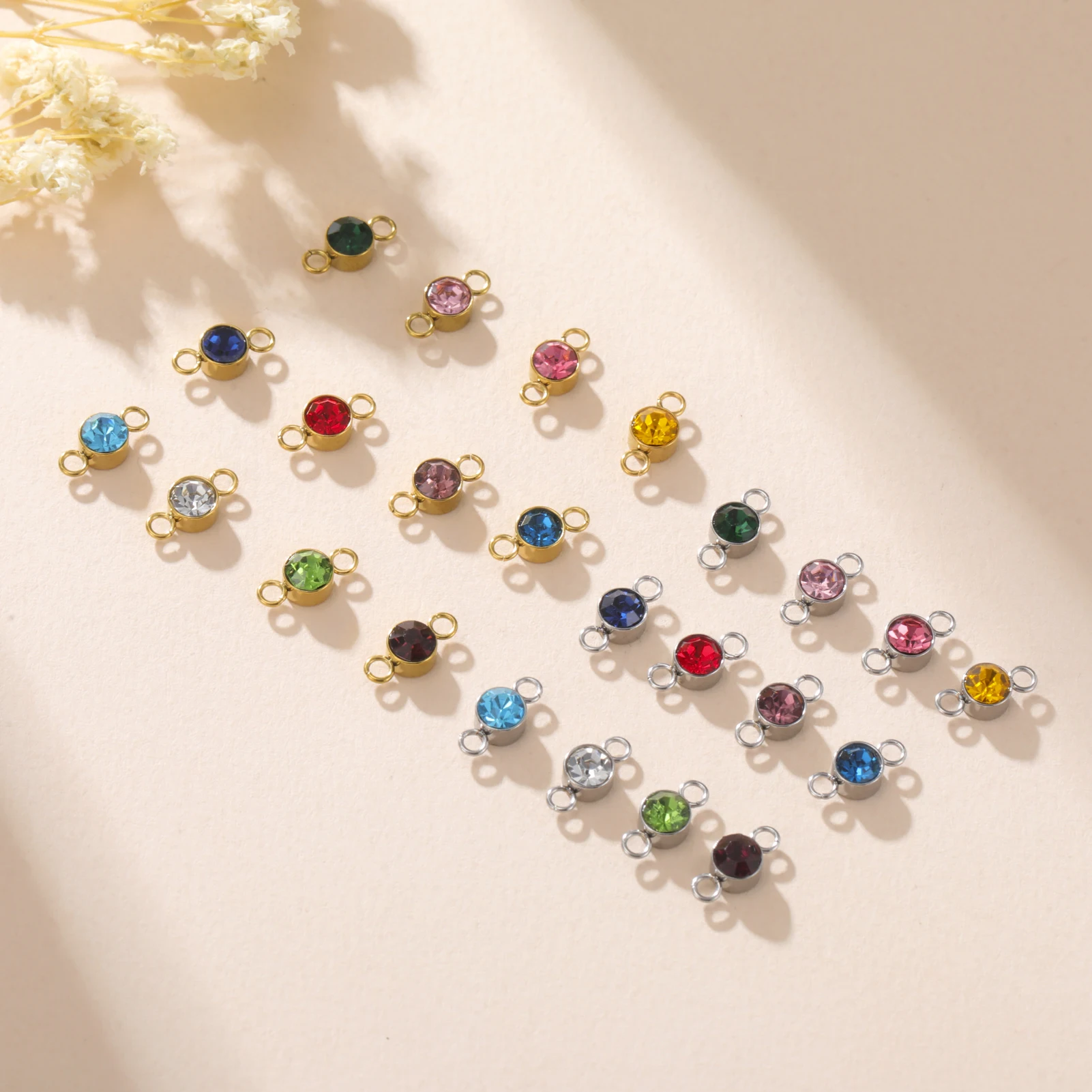 5 Stück/Set 5mm Geburtsstein-Anhänger mit 2 Löchern aus Edelstahl, Kristallanhänger für die Herstellung von Halsketten und Armbändern, DIY-Zubehör – Detail 3