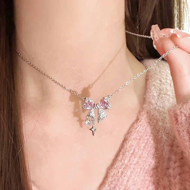 Y2K موضة الجنية الوردي كريستال القوس عقدة قلادة القلائد النساء الفتيات الحلو حجر الراين القلب سلسلة الترقوة هدايا مجوهرات نسائية