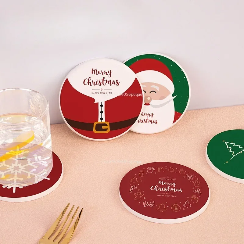 New 1pcs Christmas Diatomite Absorbent Coasters Cartoon Snowman High-Temperature Cup Mat Heat Insulation Hot Pad Table Kitchen