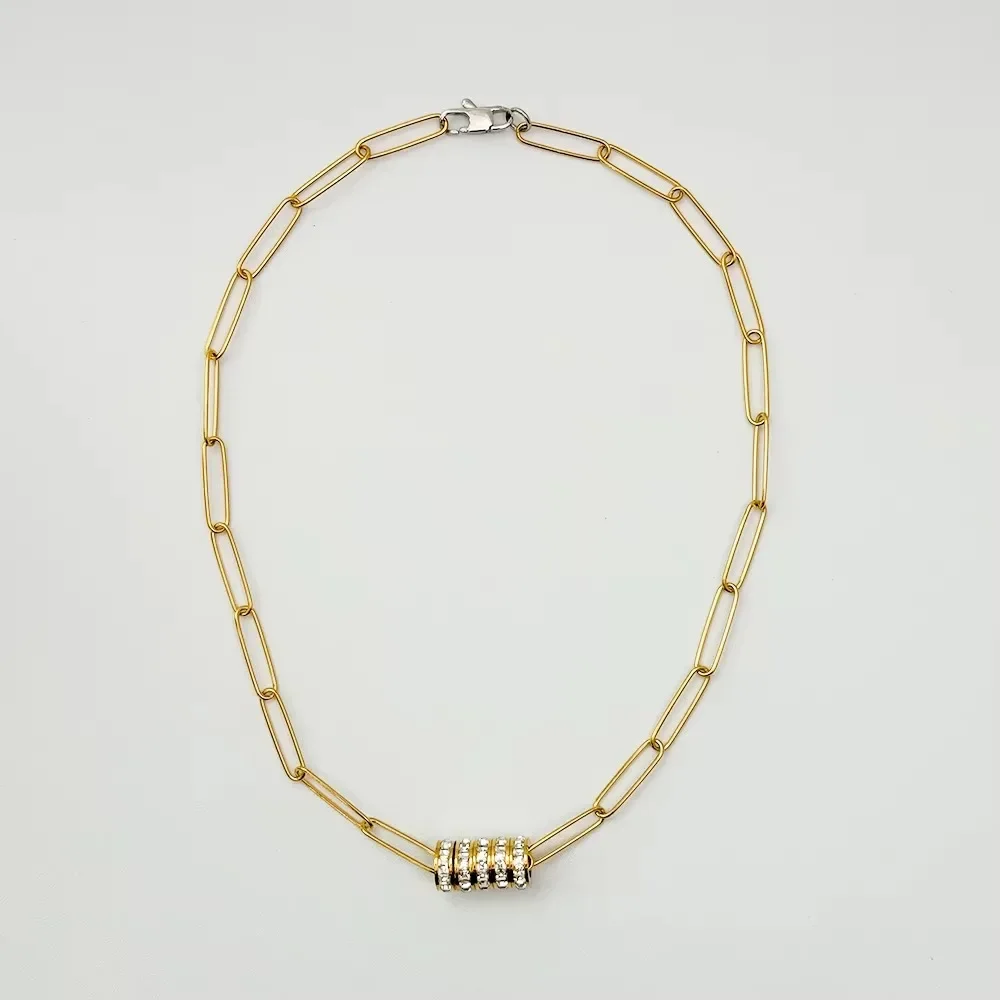 Tarnish Free Waterproof Stainless Steel Paper Clip Chain Choker Jewelry 18k Gold Plated Zircon Circle Pendant Necklace for Women