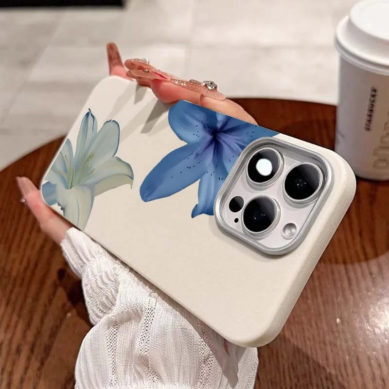 Elegant Blue Lily Pattern Phone Case For iPhone 13 11 12 14 15 16