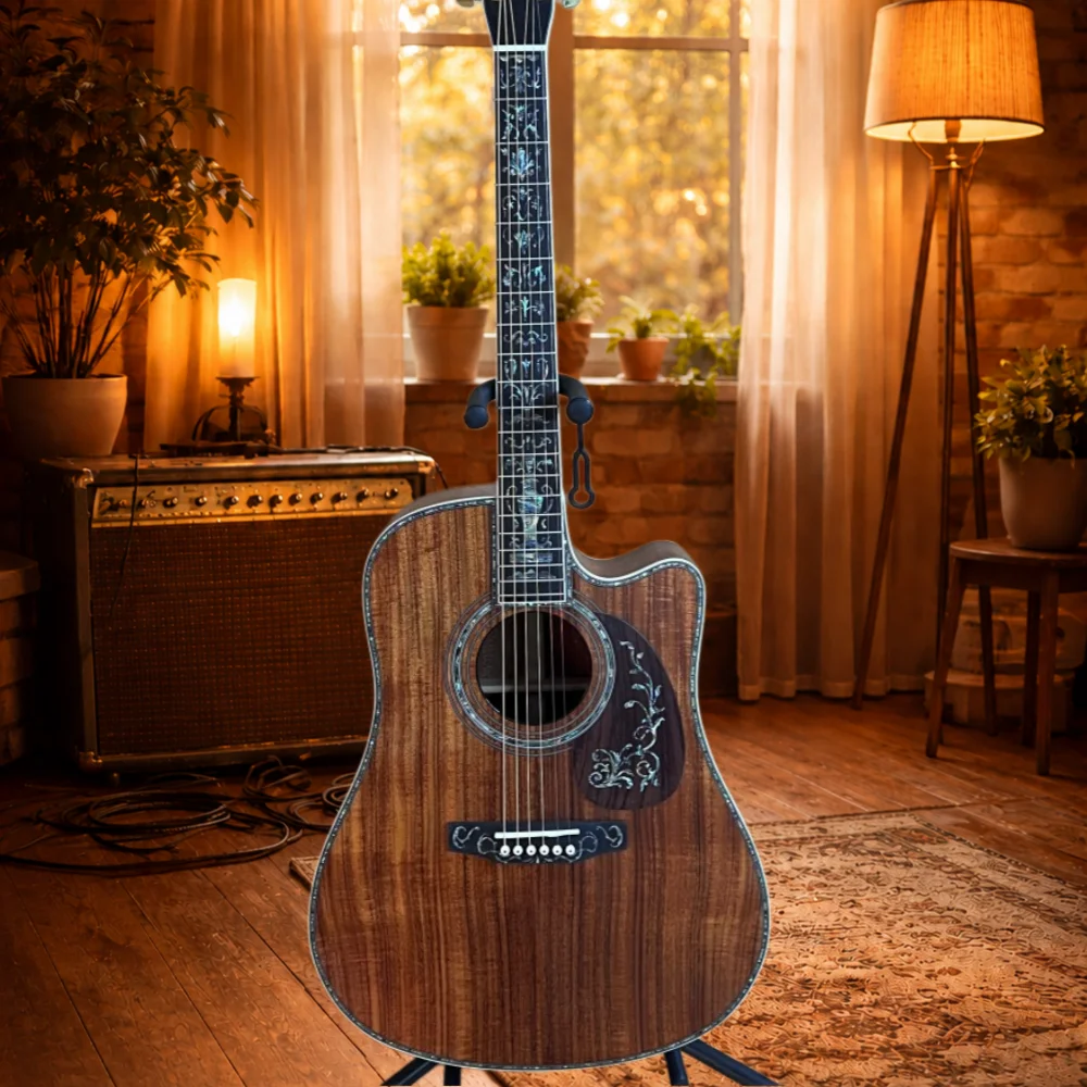 Hot Selling Dark Brown Koa D45 With Missing Corners Ebony Fingerboard Acoustic Guitar with Large Vase Design Solid Top 6 Strings Gift Friendly