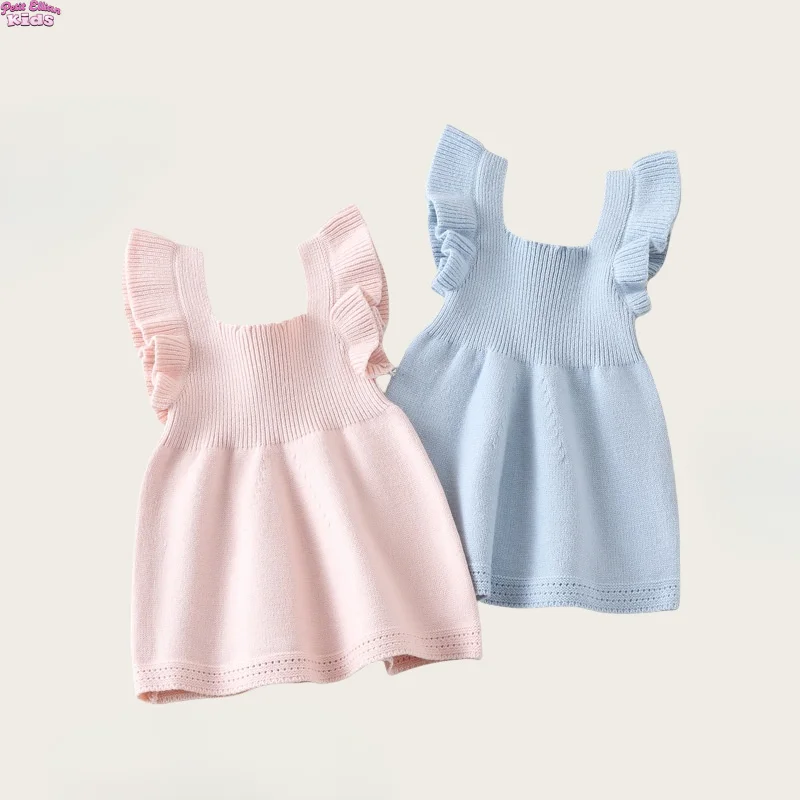 Baby Girl Dress Knitted Ruffled Flutter Sleeve Dress 0-18M Sleeveless Tank Romper Dress Cotton Summer Infant Princess Outfit
