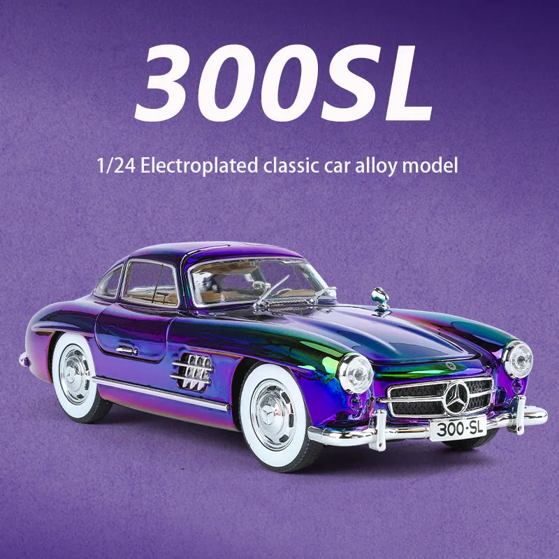 Plating 1:24 Benc 300SL Retro Classic Diecast Alloy Car Premium Model Sound Light Birthday Gift Boy Girl Hot Wheel