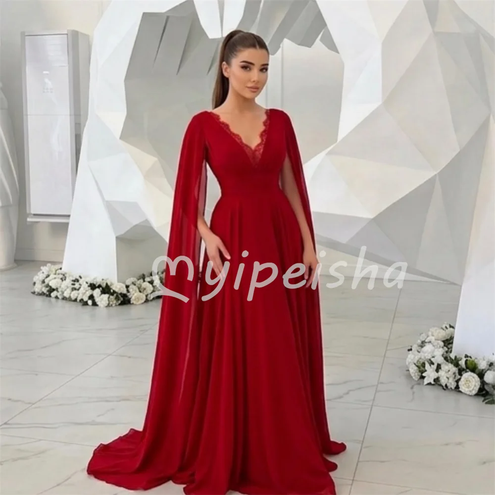 Sexy Sizes Available Red Chiffon Pleat Draped Lace A-line V-neck Floor-Length Evening Dresses for Woman Party Gowns Customized