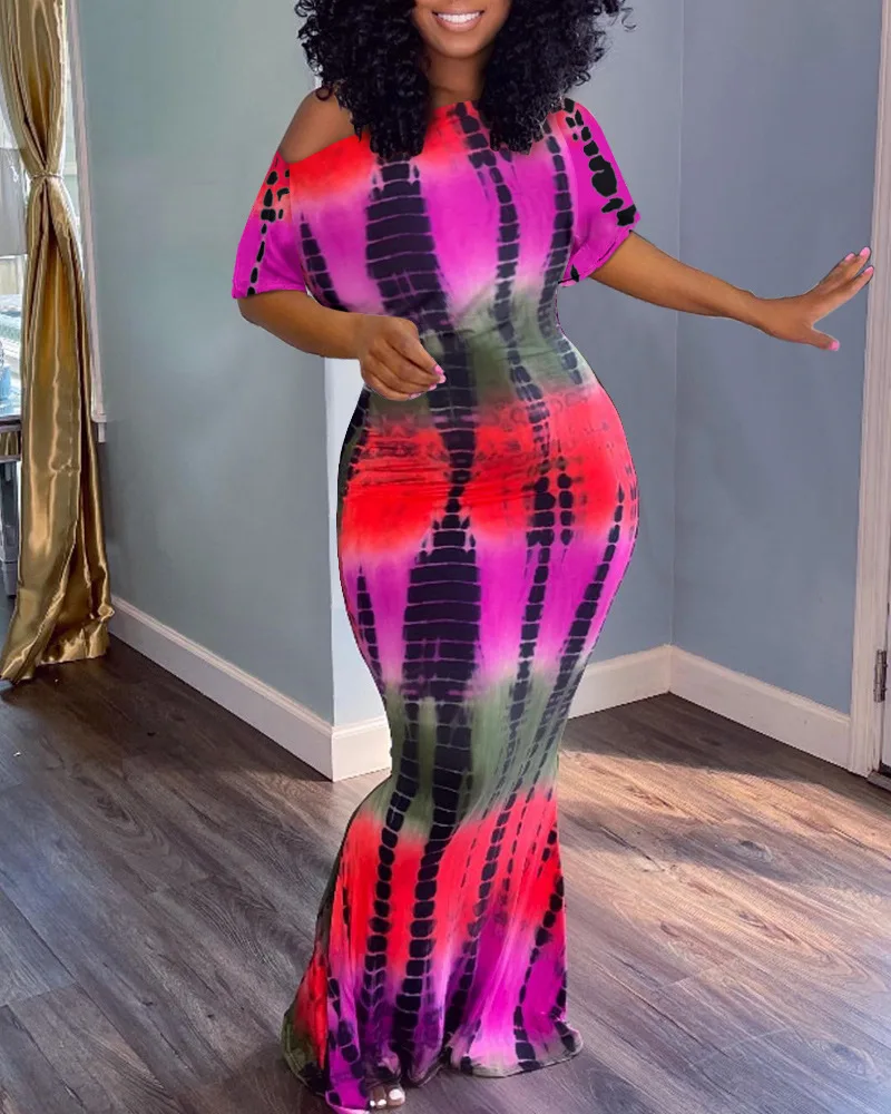 

Elegant Womens Dresses Sweetheart Spicy Girl Style Colorful Tie Dyed Long Sleeved One Shoulder Tight Sexy Luxury Bodycon Dress