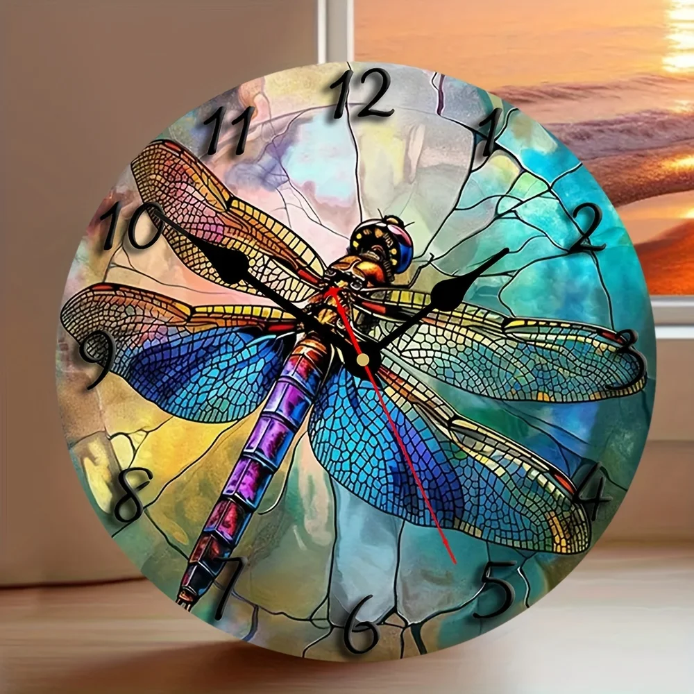 Vintage Dragonfly Stained Glass Design Wall Clock, Wooden Battery-Powered Clock for Home and Office Decor - AA Battery