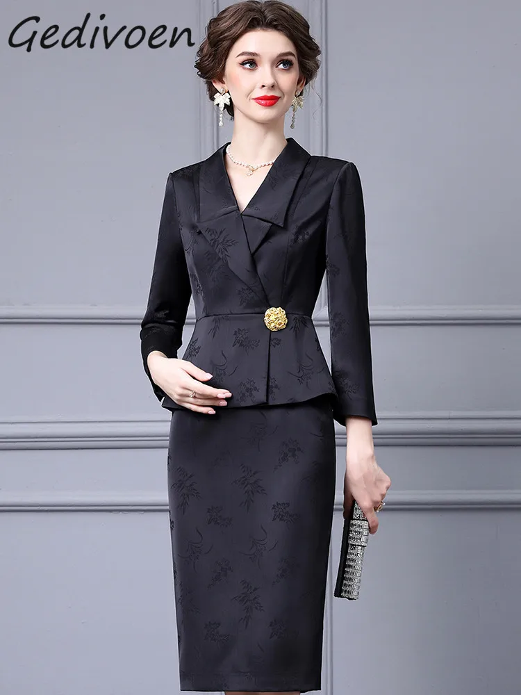 Gedivoen Autumn Fashion Runway Black Vintage Jacquard Dress Women Lapel Button Ruffle High Waist Package Buttock Slim Long Dress