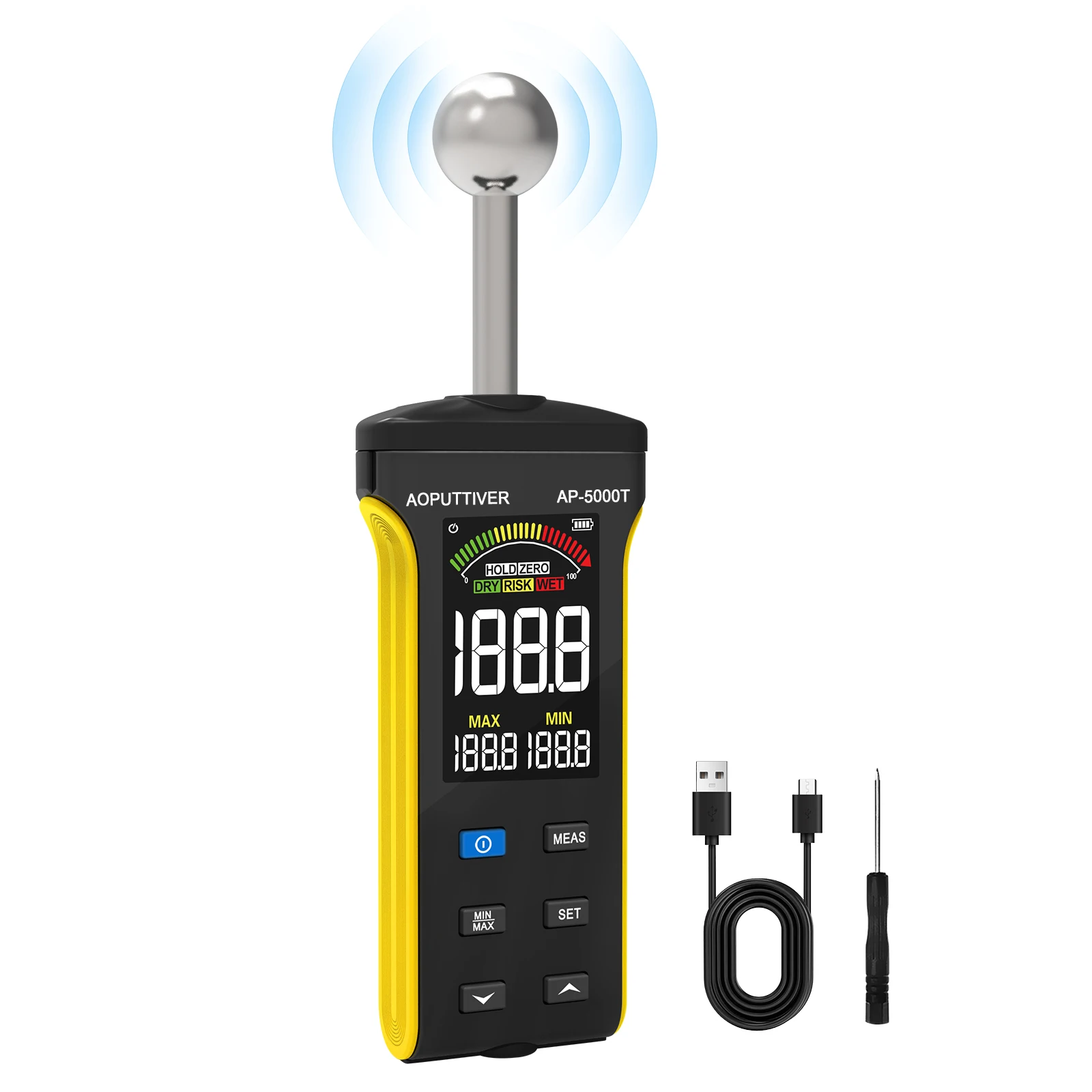 5000T Non-Destructive Moisture Meter 20-40mm Depth Color Screen 400mAh DRY/RISK/WET Alarm for Concrete Wood Flooring