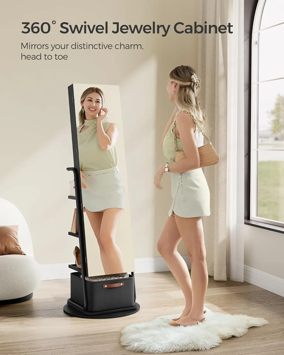 360 °     خزانة مجوهرات دوارة مع أضواء، مرآة كاملة الطول مع مساحة تخزين للمجوهرات، خزانة مجوهرات واقفة #2