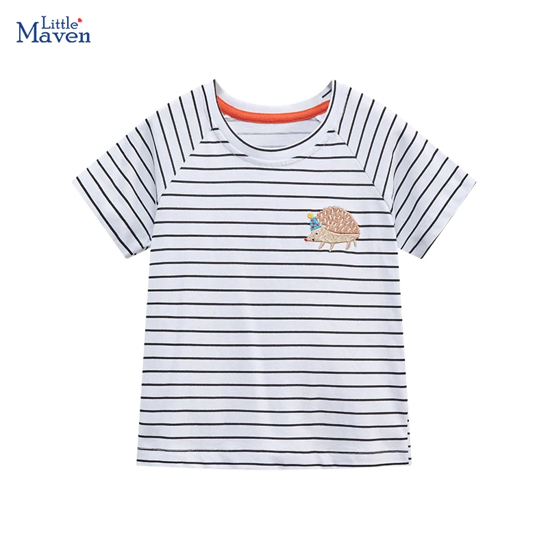 Little maven 2024 Children\'s Clothing Summer Kids Clothes for Baby Girls Boys Striped T Shirts Cartoon Hedgehog Cotton Tops Tees