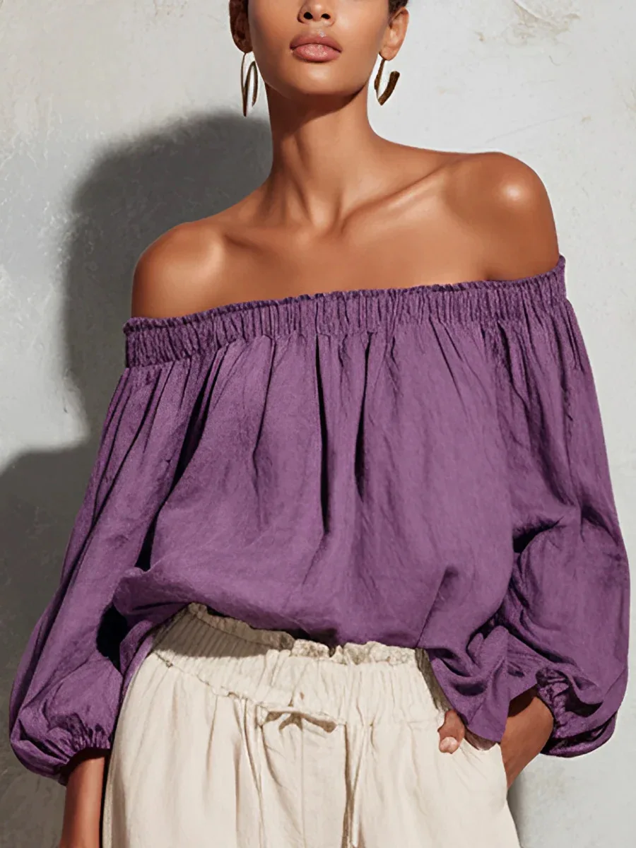 Women's Spring Autumn Cotton Linen Off-Shoulder Long Lantern Sleeve Blouse