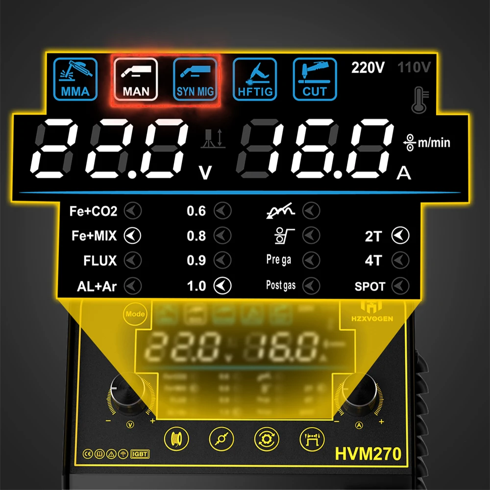 Imagem -02 - Hzxvogen Máquina de Solda de Alumínio Soldador do Inversor Corte de Gás Mig hf Tig Mma Tela Digital 2t 4t 270a em Aço Inoxidável