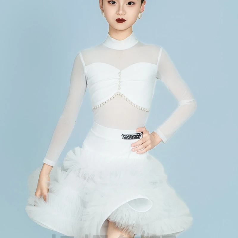 

2026 New Latin Dance Performance Costumes For Girls White Long Sleeved Split Skirts Suit Chacha Rumba Tango Latin Wear XH3997